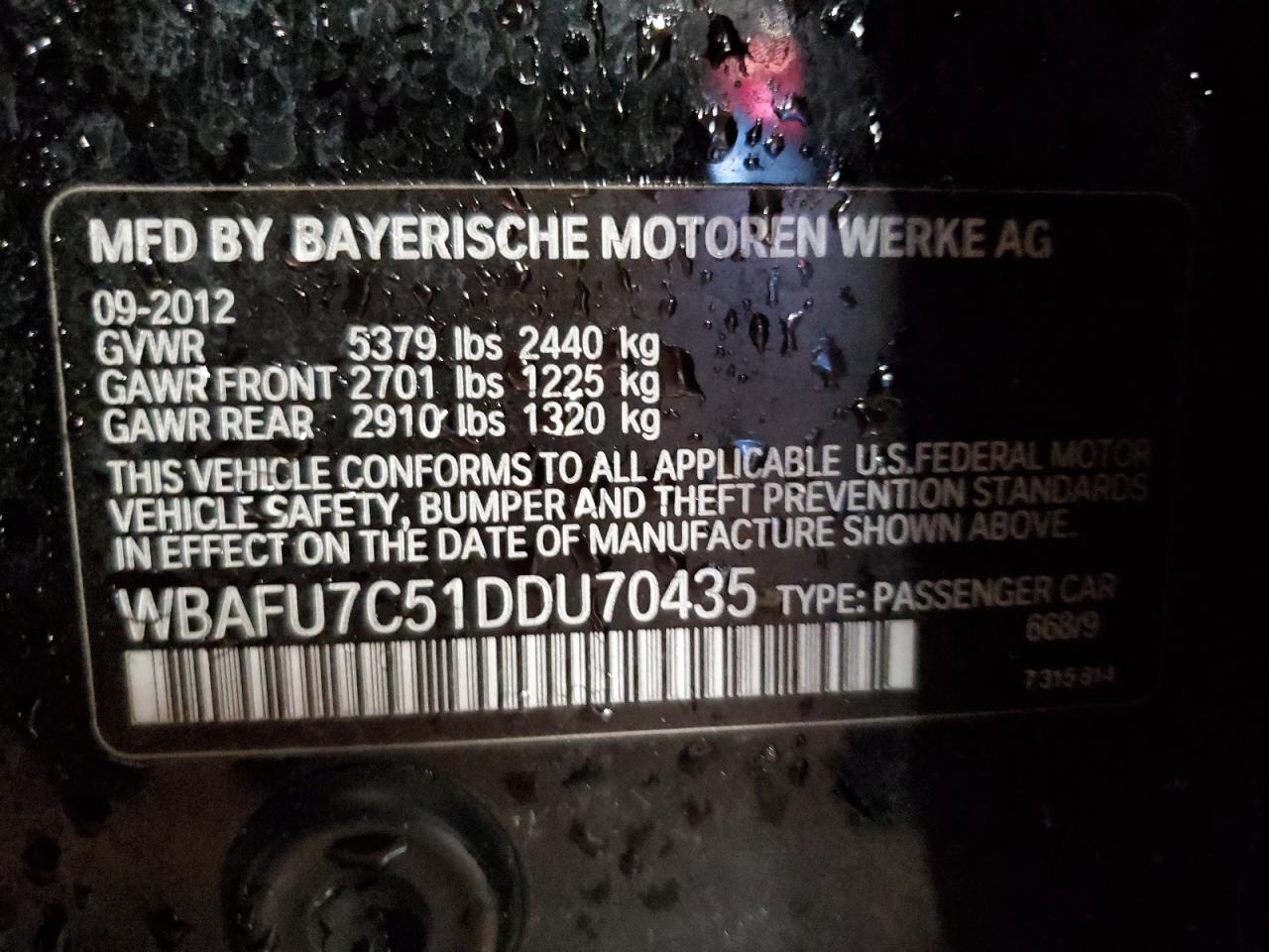 2013 BMW 535 Xi VIN: WBAFU7C51DDU70435 Lot: 54619804