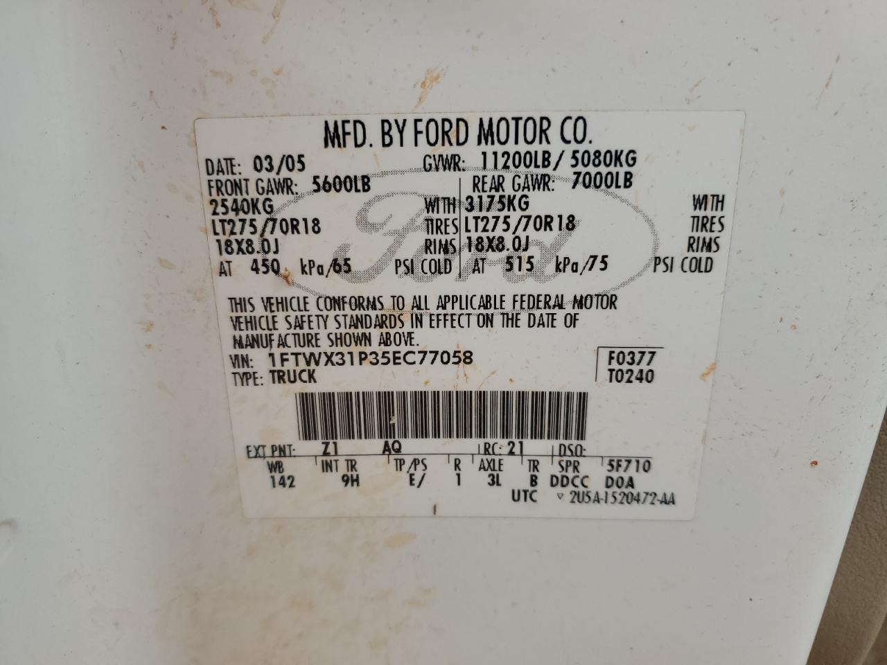 2005 Ford F350 Srw Super Duty VIN: 1FTWX31P35EC77058 Lot: 63124334