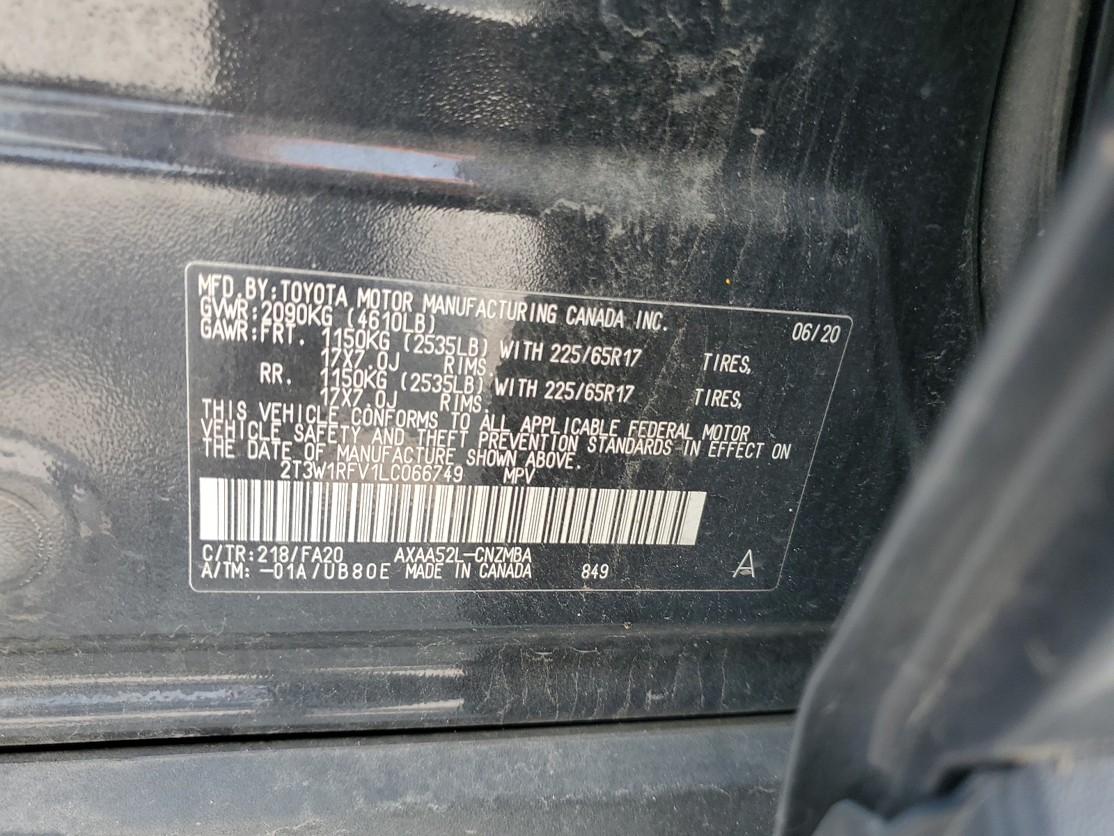 2T3W1RFV1LC066749 2020 Toyota Rav4 Xle