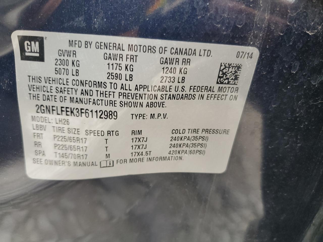 2015 Chevrolet Equinox Lt VIN: 2GNFLFEK3F6112989 Lot: 61021234