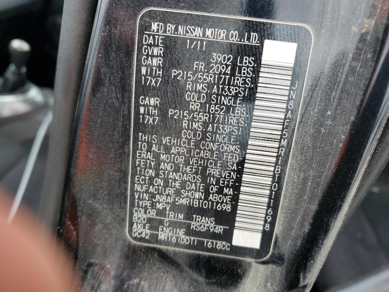 2011 Nissan Juke S VIN: JN8AF5MR1BT011698 Lot: 62464664