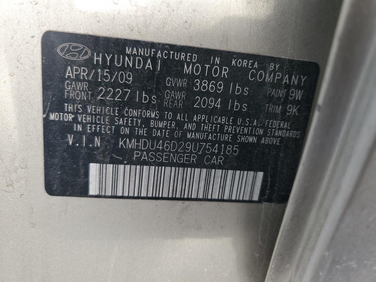2009 Hyundai Elantra Gls VIN: KMHDU46D29U754185 Lot: 63291294