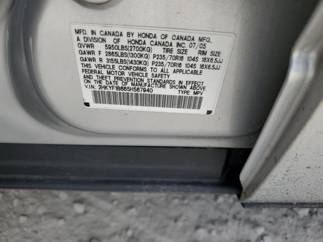 2005 Honda Pilot Exl VIN: 2HKYF18665H567940 Lot: 62787524