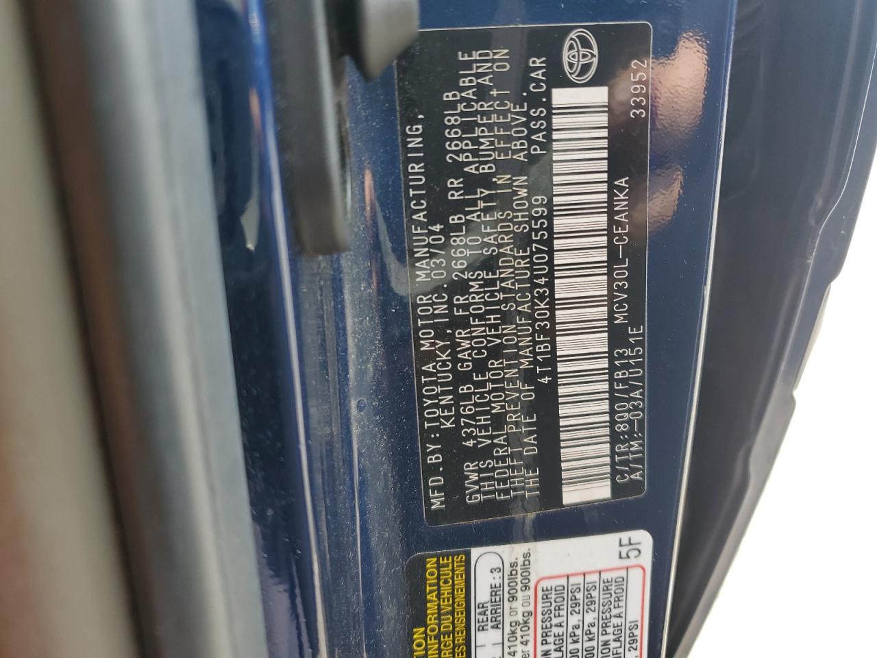 2004 Toyota Camry Le VIN: 4T1BF30K34U075599 Lot: 63919854