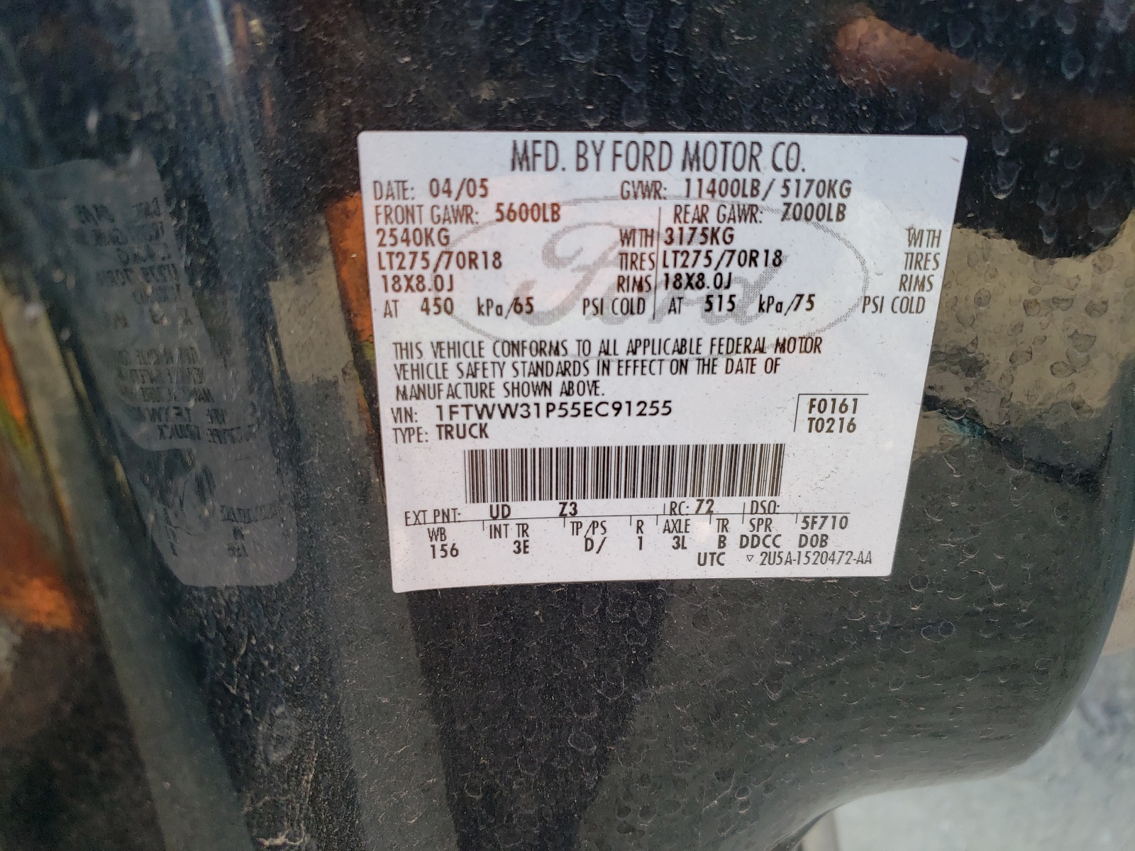 1FTWW31P55EC91255 2005 Ford F350 Srw Super Duty