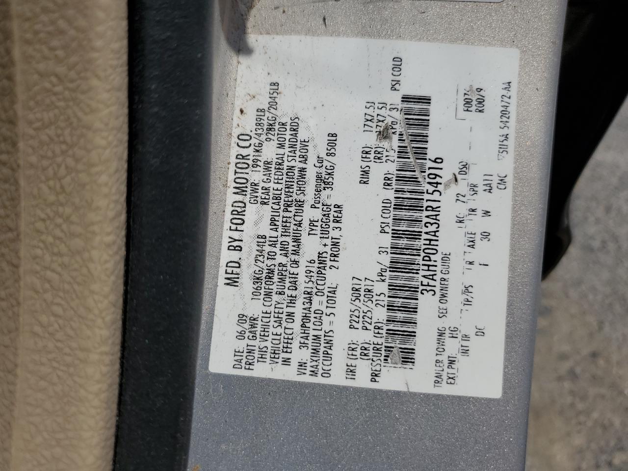 2010 Ford Fusion Se VIN: 3FAHP0HA3AR154916 Lot: 65417054