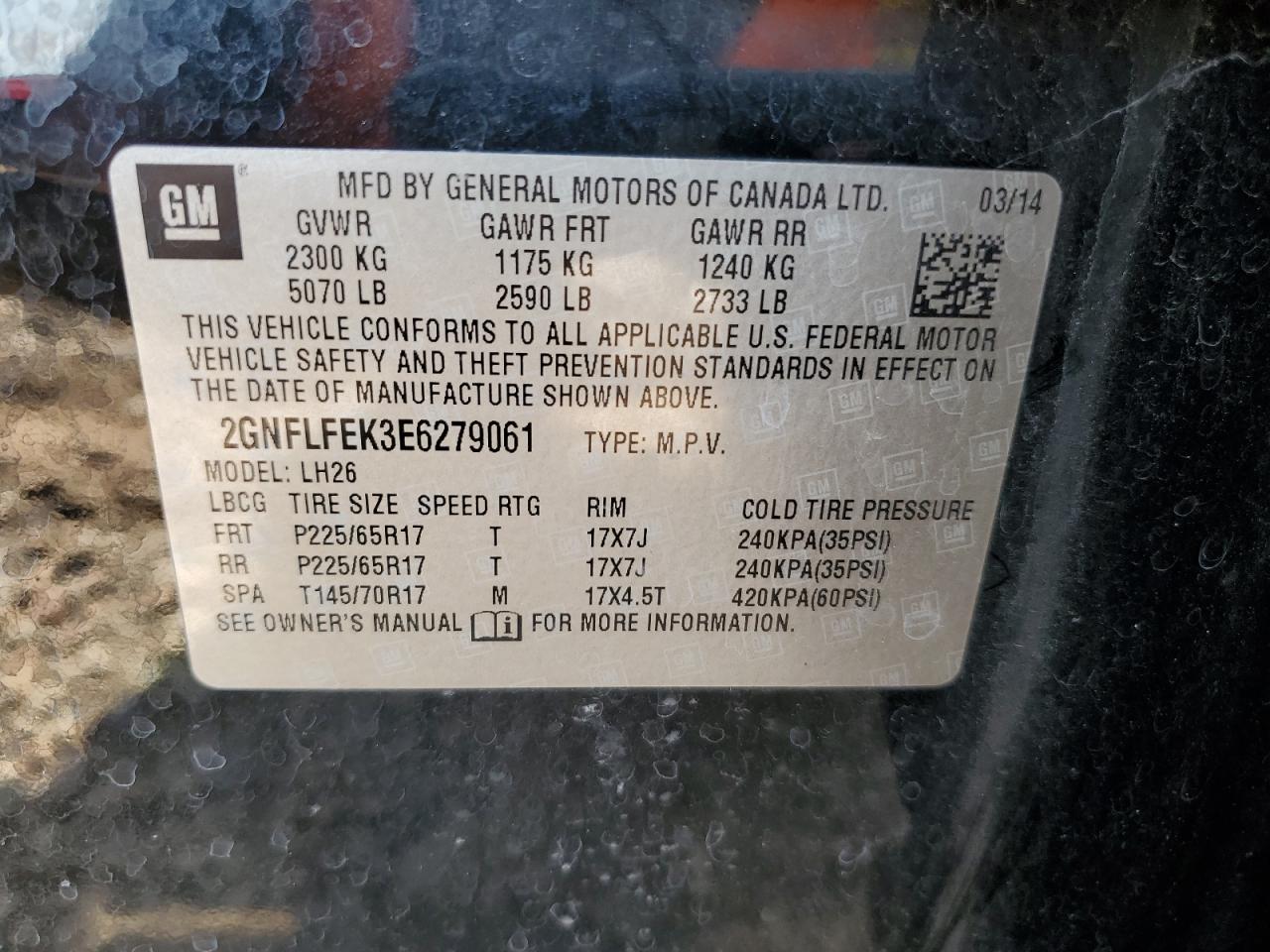 2GNFLFEK3E6279061 2014 Chevrolet Equinox Lt