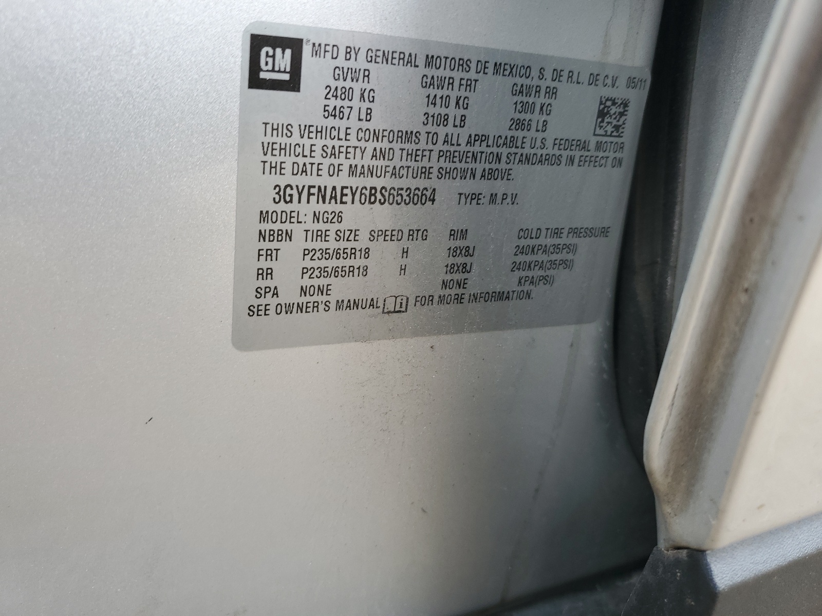 3GYFNAEY6BS653664 2011 Cadillac Srx Luxury Collection