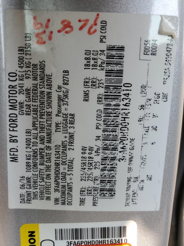 2017 Ford Fusion Se VIN: 3FA6P0HD0HR163410 Lot: 64365854