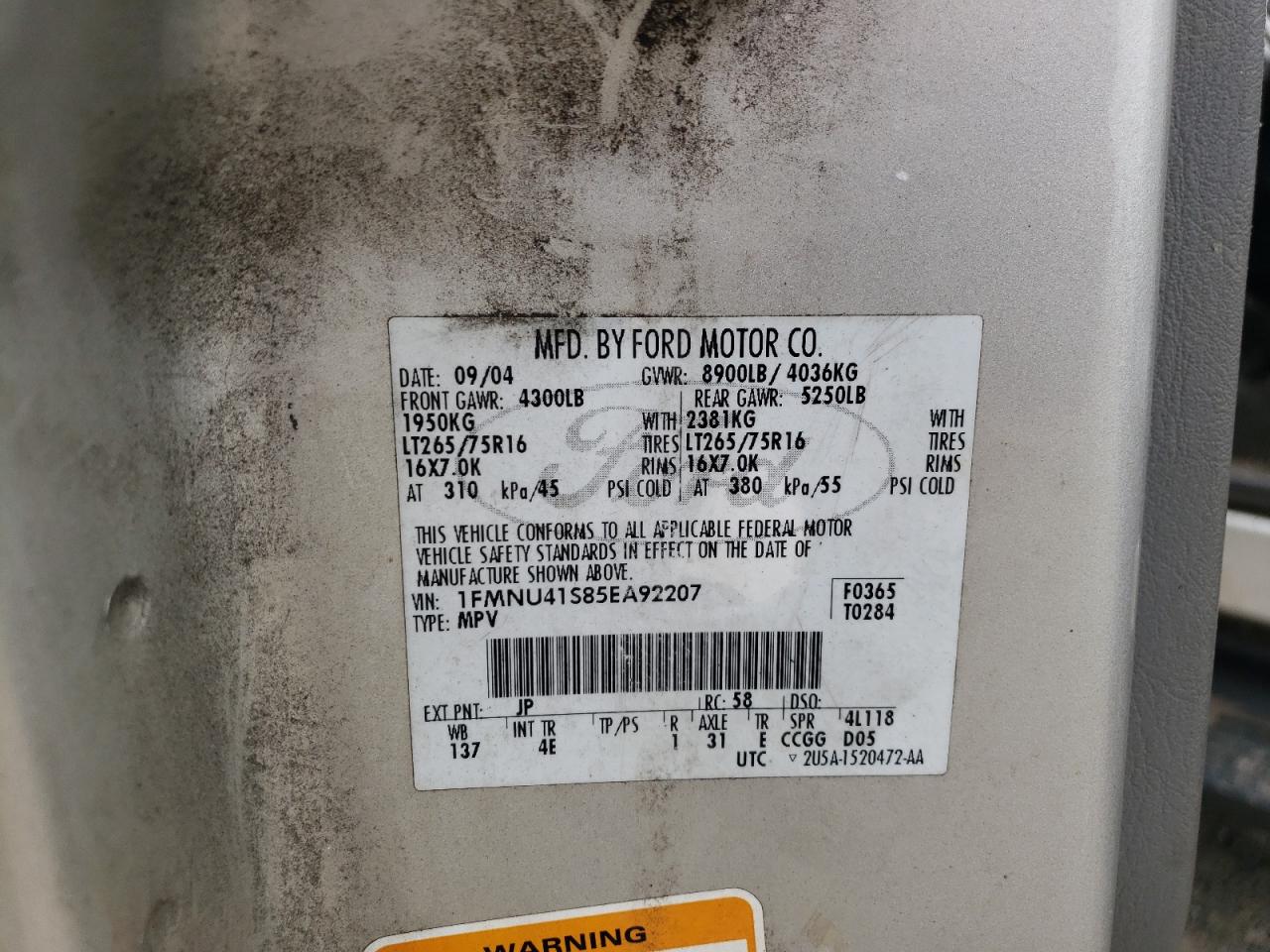 2005 Ford Excursion Xlt VIN: 1FMNU41S85EA92207 Lot: 63641124