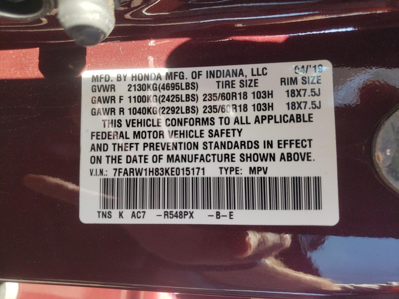 2019 Honda Cr-V Exl VIN: 7FARW1H83KE015171 Lot: 63565304