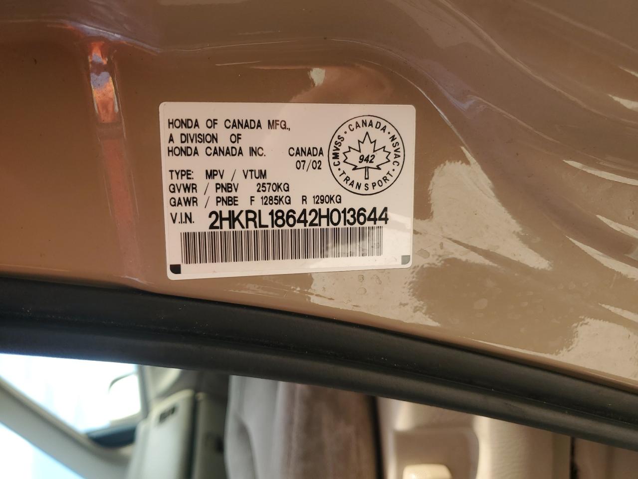 2002 Honda Odyssey Ex VIN: 2HKRL18642H013644 Lot: 65027004