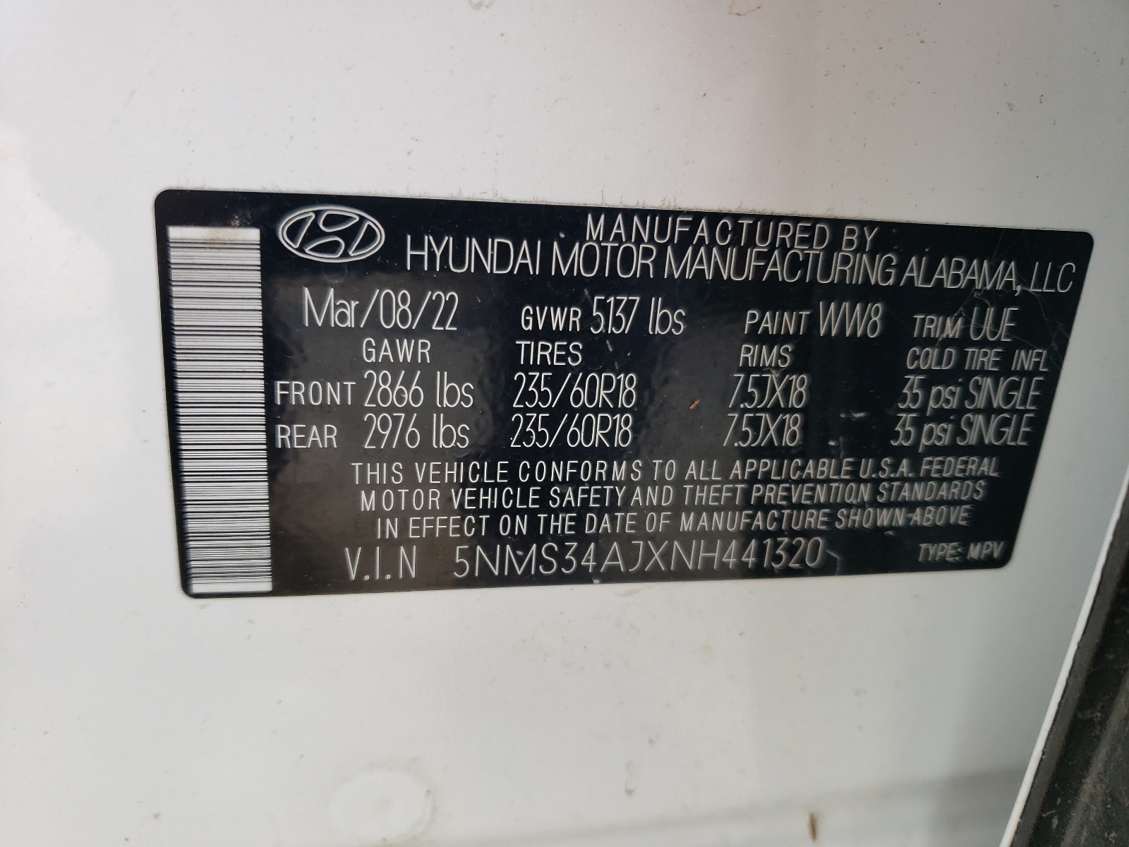 5NMS34AJXNH441320 2022 Hyundai Santa Fe Sel