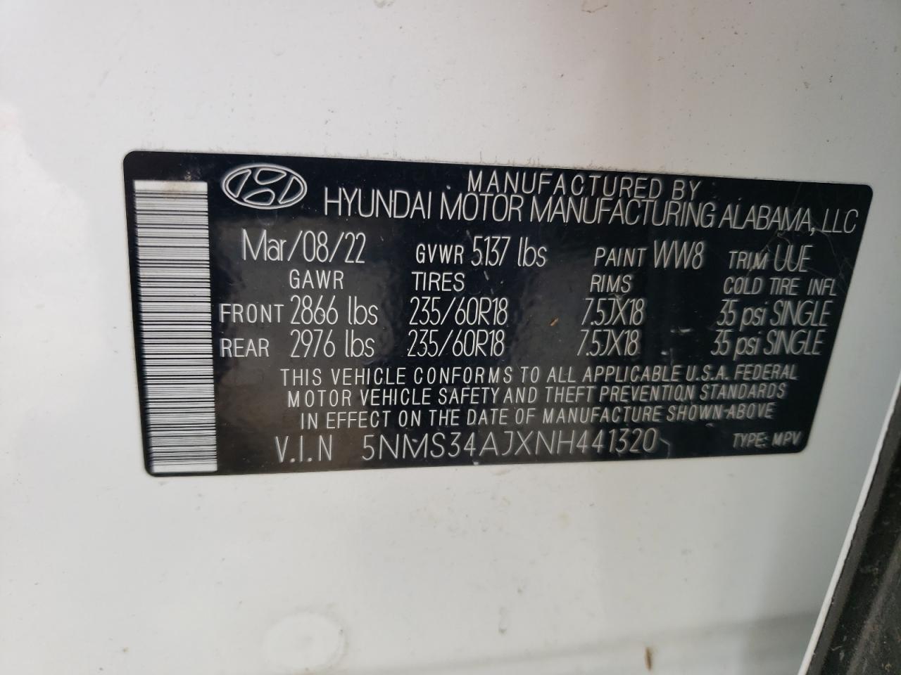 2022 Hyundai Santa Fe Sel VIN: 5NMS34AJXNH441320 Lot: 63143754