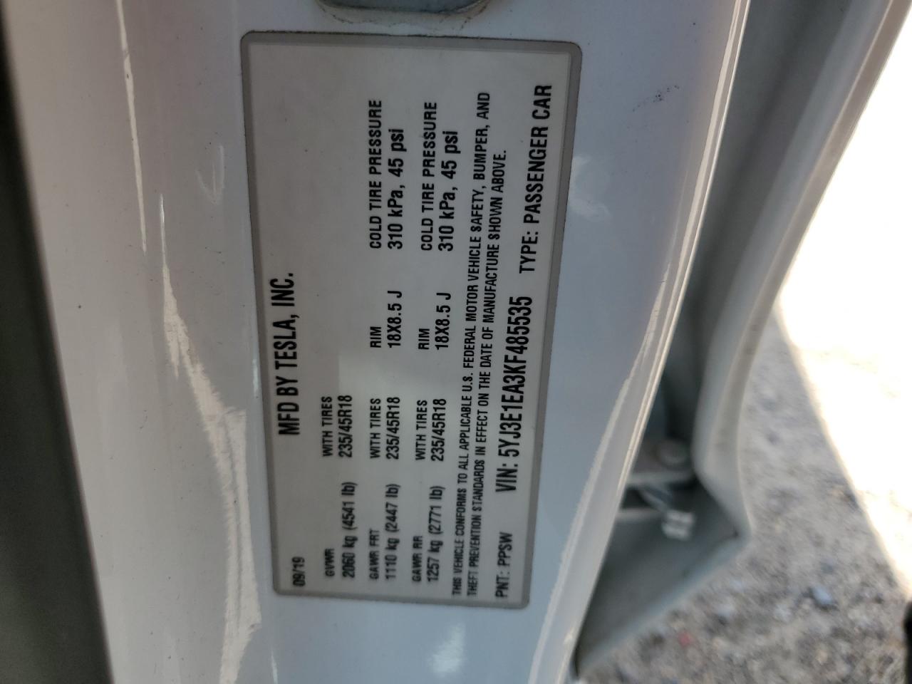 2019 Tesla Model 3 VIN: 5YJ3E1EA3KF485535 Lot: 65002684