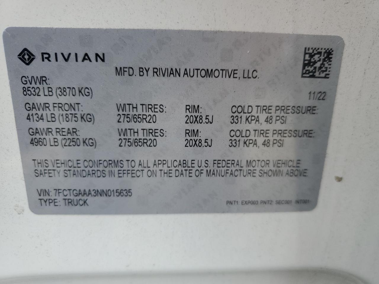 2022 Rivian R1T Adventure VIN: 7FCTGAAA3NN015635 Lot: 62676854