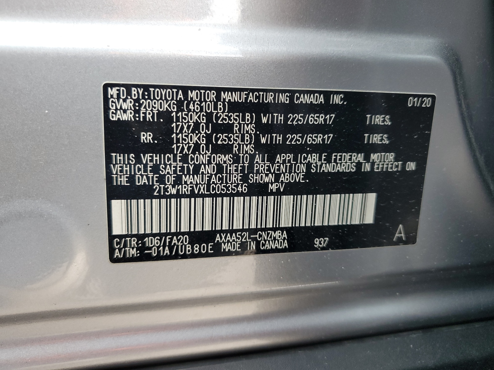 2T3W1RFVXLC053546 2020 Toyota Rav4 Xle