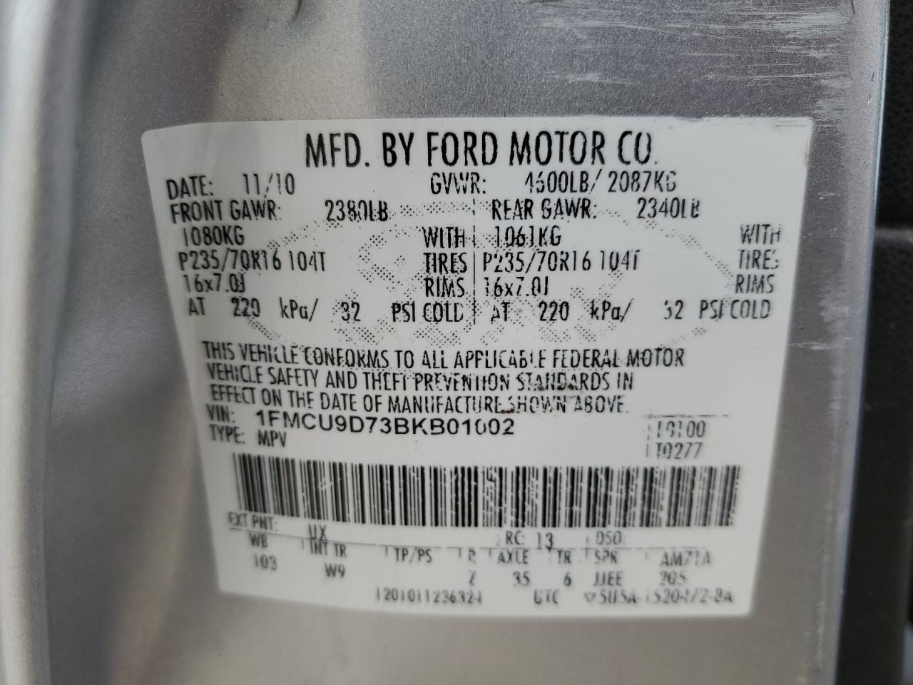 2011 Ford Escape Xlt VIN: 1FMCU9D73BKB01002 Lot: 61450944