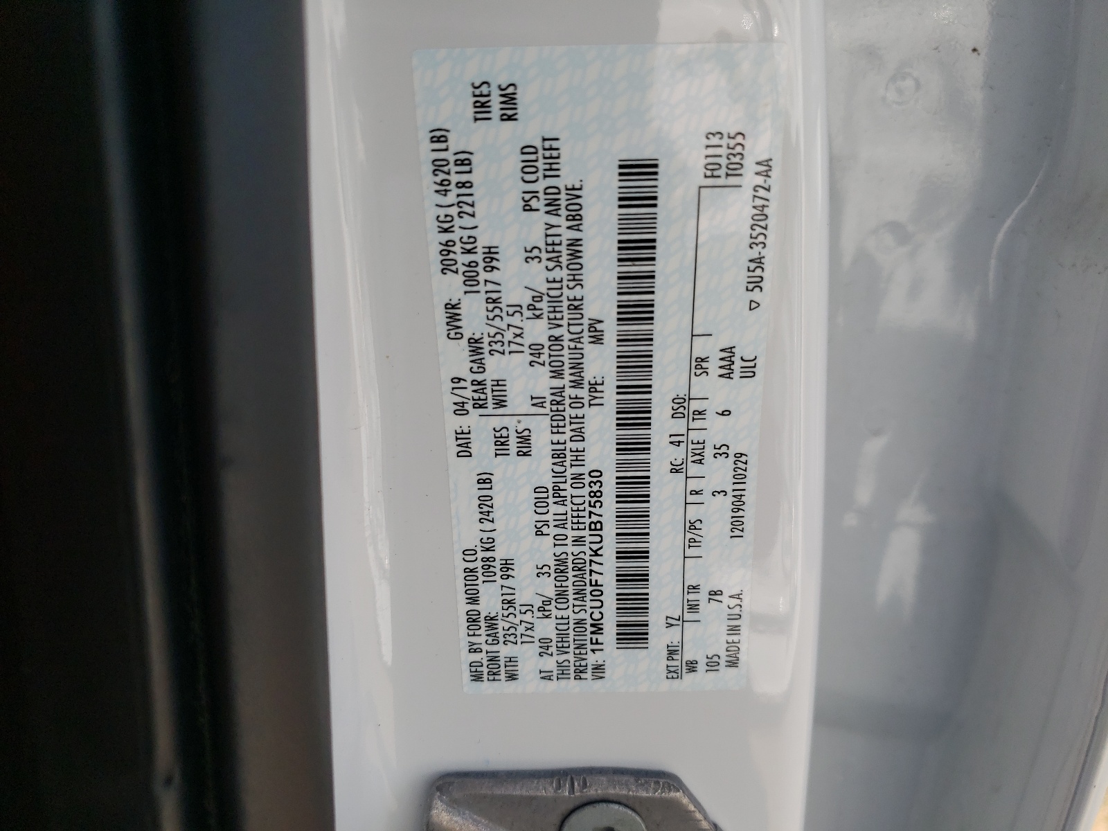 1FMCU0F77KUB75830 2019 Ford Escape S