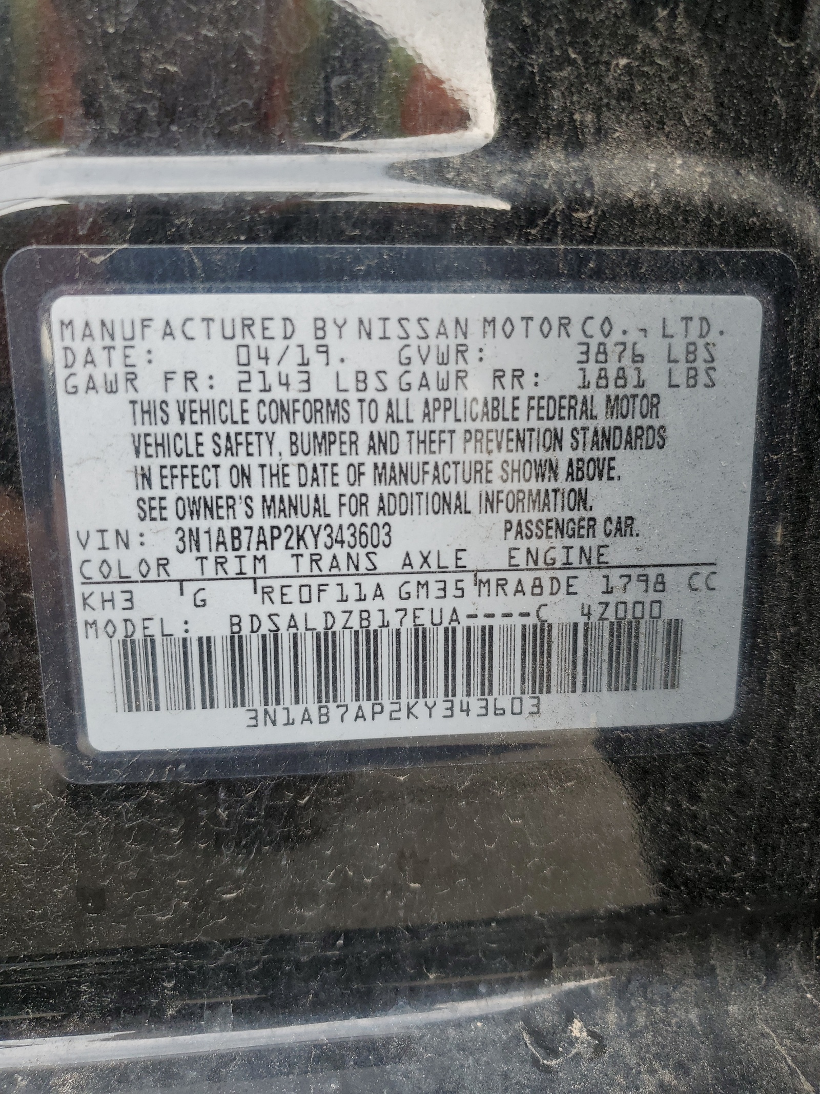 3N1AB7AP2KY343603 2019 Nissan Sentra S