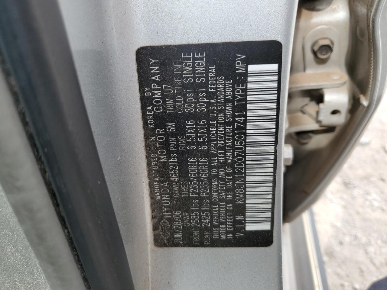 2007 Hyundai Tucson Se VIN: KM8JN12D07U501741 Lot: 63192754