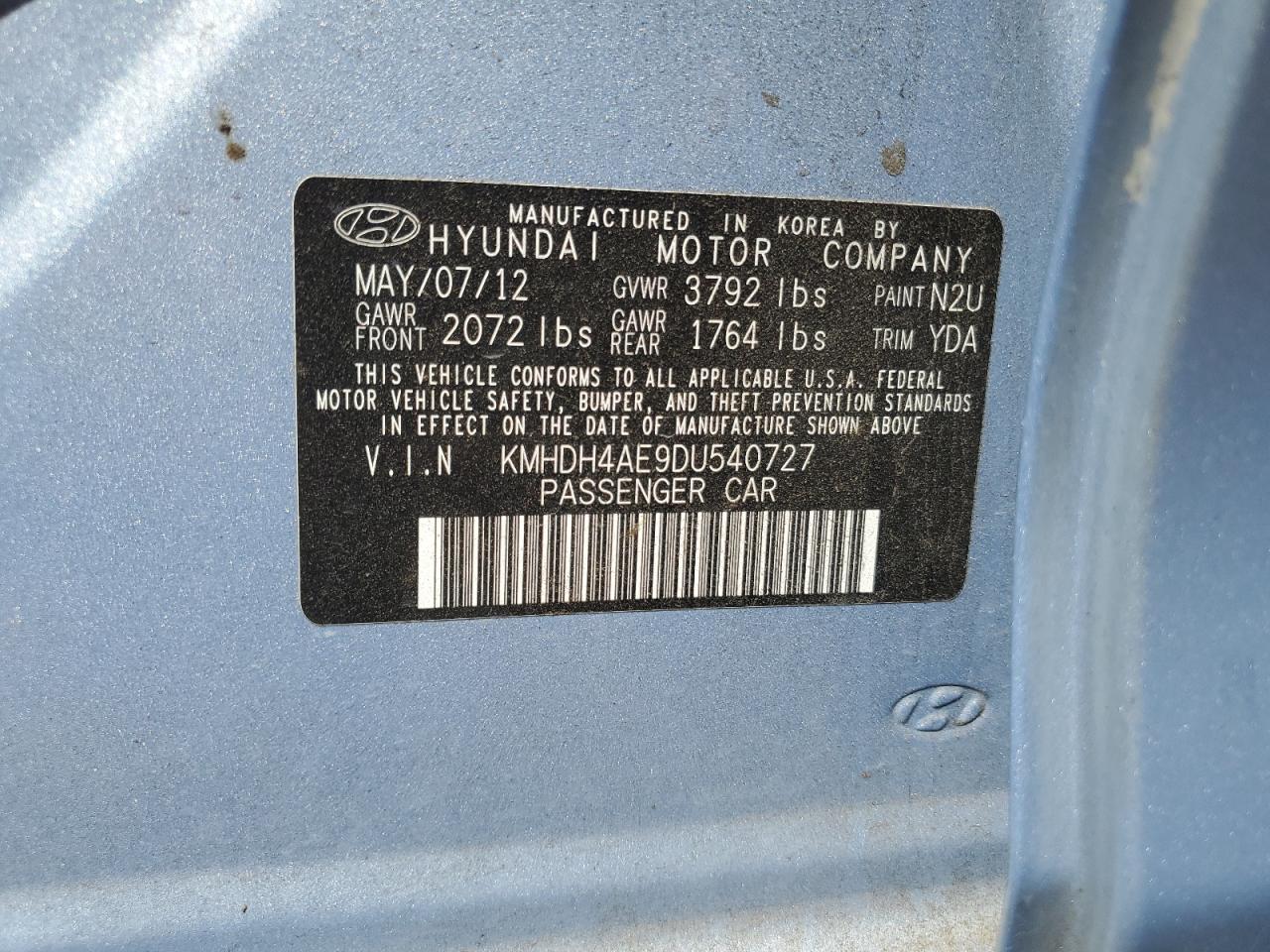 2013 Hyundai Elantra Gls VIN: KMHDH4AE9DU540727 Lot: 63062234