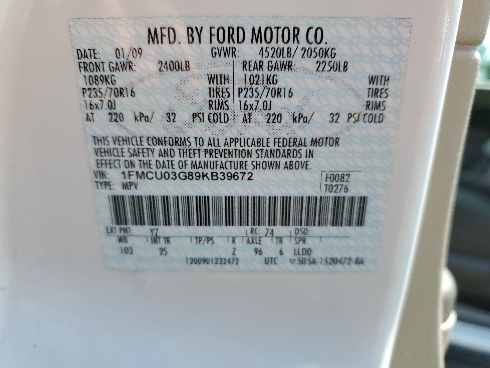 1FMCU03G89KB39672 2009 Ford Escape Xlt