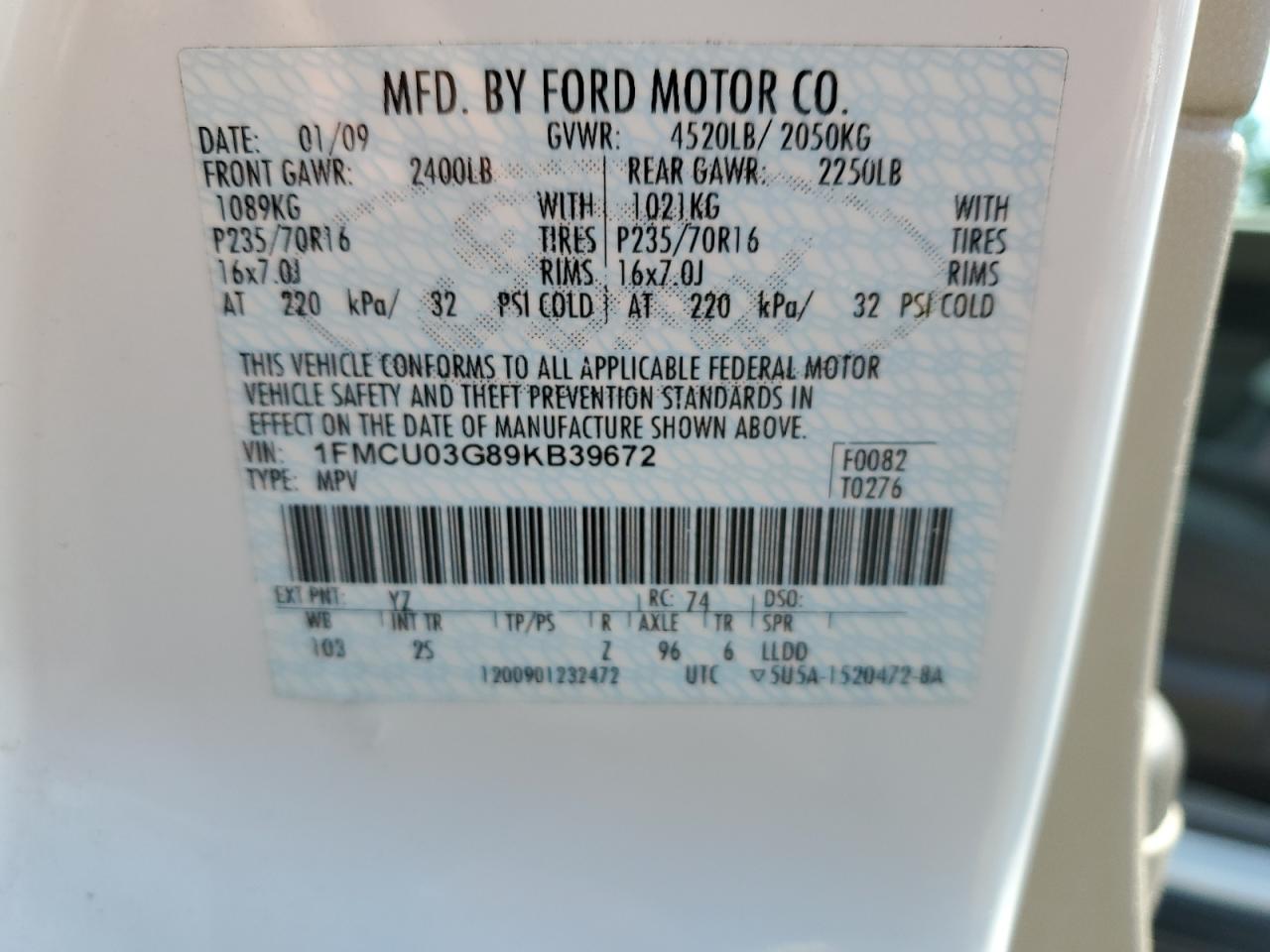 2009 Ford Escape Xlt VIN: 1FMCU03G89KB39672 Lot: 65090404