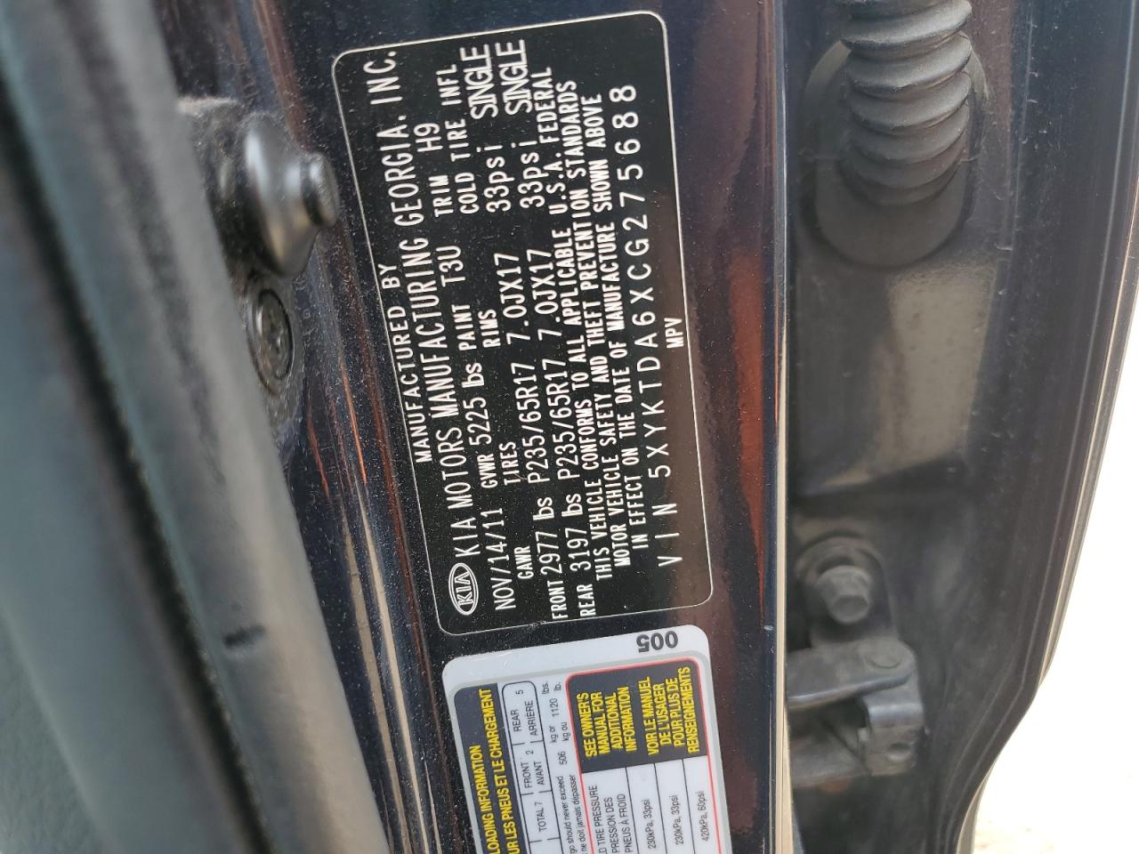 2012 Kia Sorento Base VIN: 5XYKTDA6XCG275688 Lot: 63566494