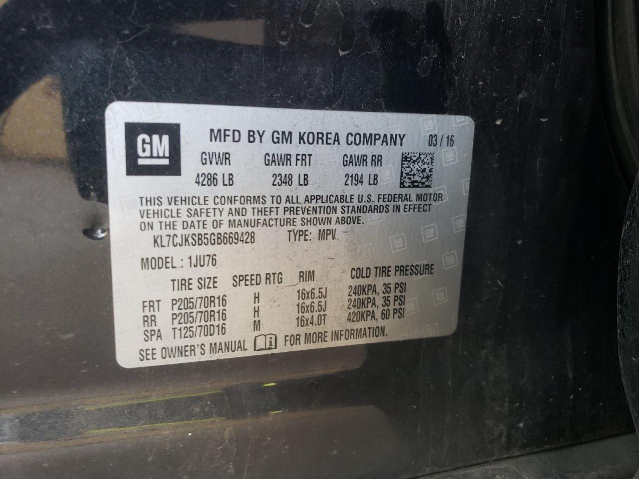 2016 Chevrolet Trax Ls VIN: KL7CJKSB5GB669428 Lot: 62751404