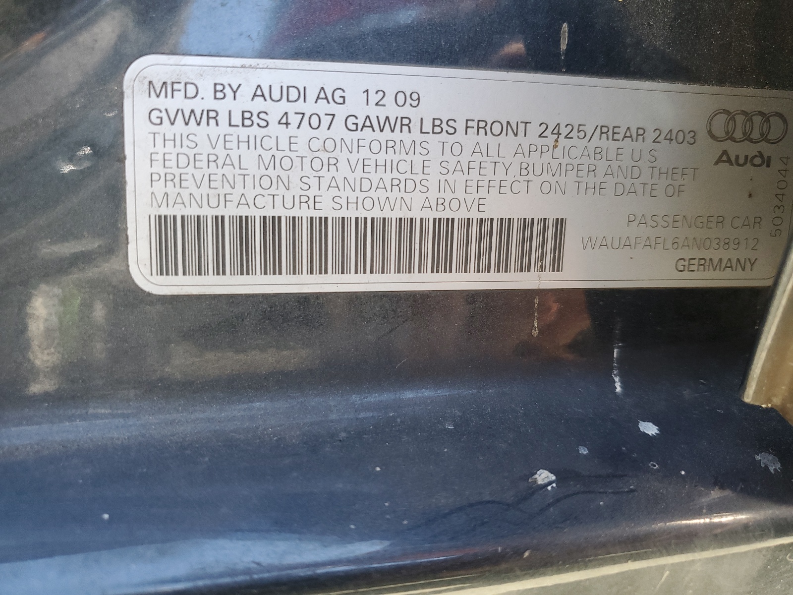 WAUAFAFL6AN038912 2010 Audi A4 Premium