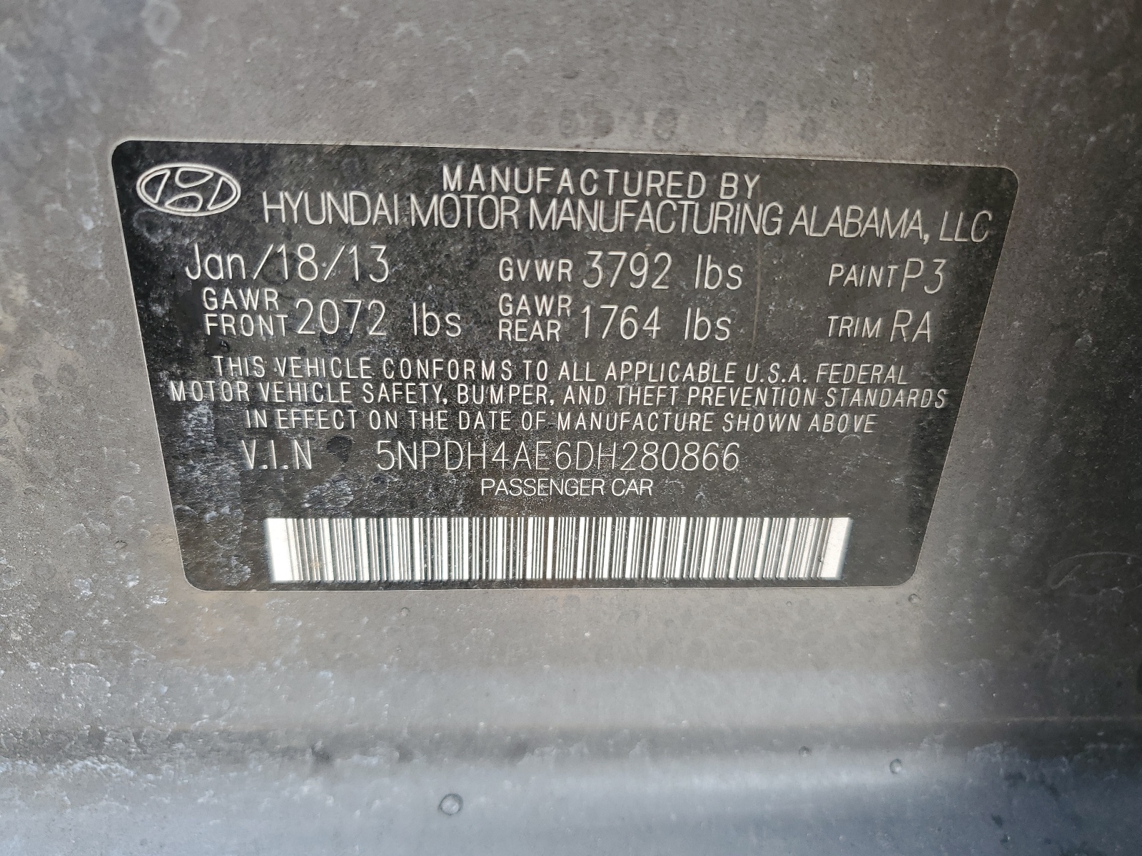 5NPDH4AE6DH280866 2013 Hyundai Elantra Gls