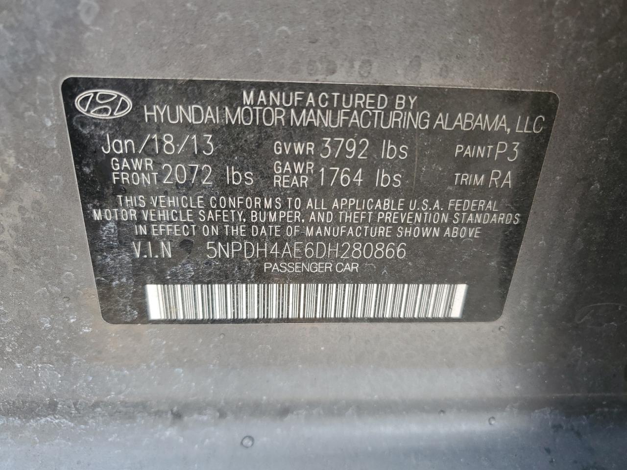 2013 Hyundai Elantra Gls VIN: 5NPDH4AE6DH280866 Lot: 63845214