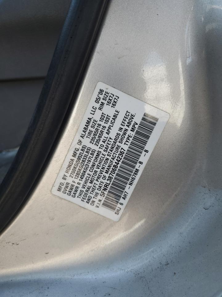 2006 Honda Odyssey Exl VIN: 5FNRL38706B442367 Lot: 63145434