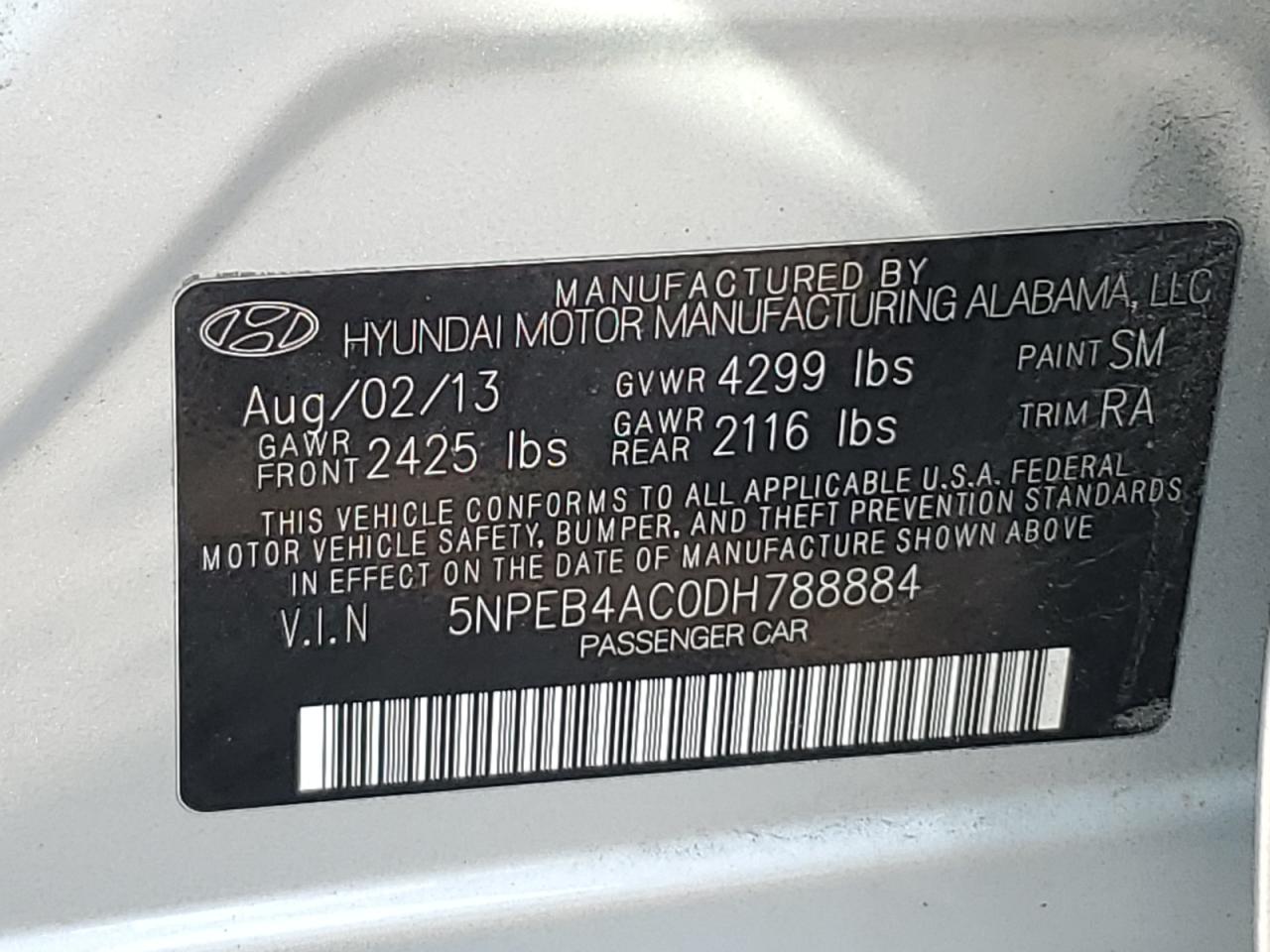 2013 Hyundai Sonata Gls VIN: 5NPEB4AC0DH788884 Lot: 64674954