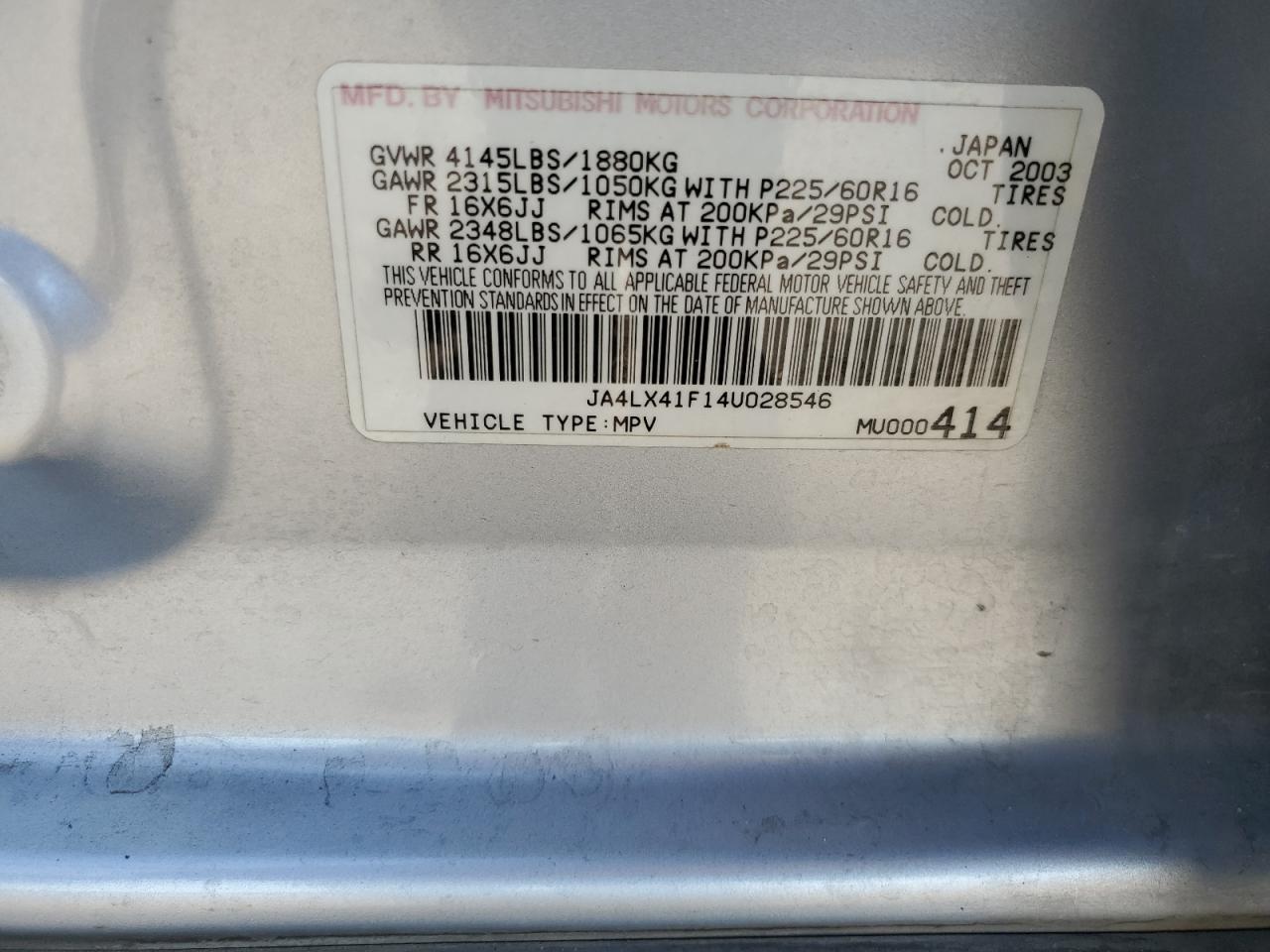 JA4LX41F14U028546 2004 Mitsubishi Outlander Xls