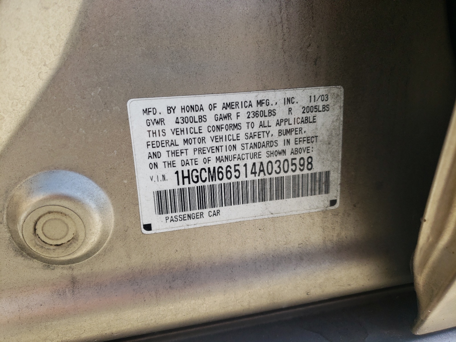1HGCM66514A030598 2004 Honda Accord Ex