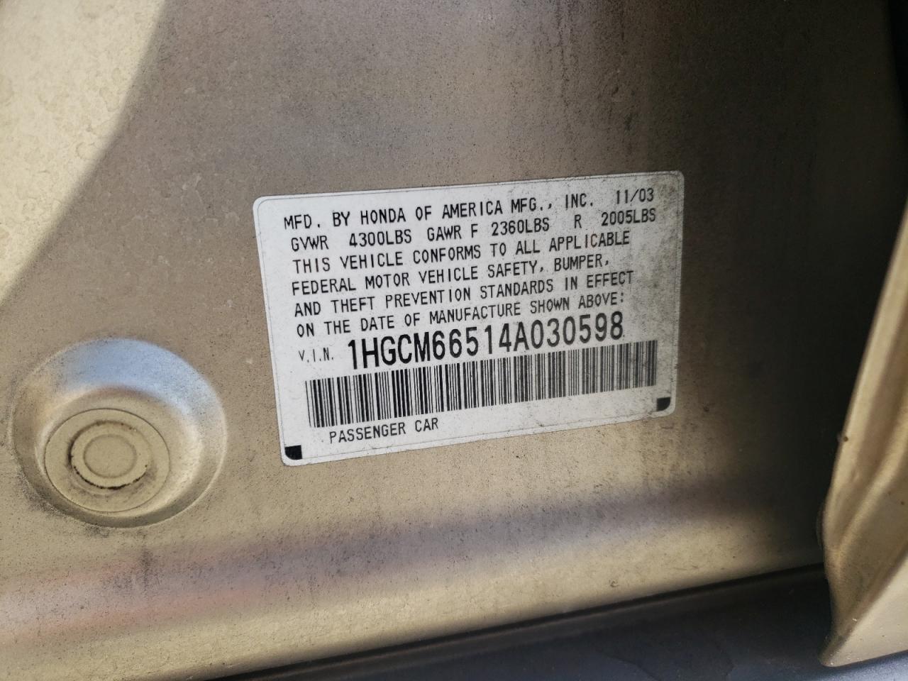 2004 Honda Accord Ex VIN: 1HGCM66514A030598 Lot: 63574434