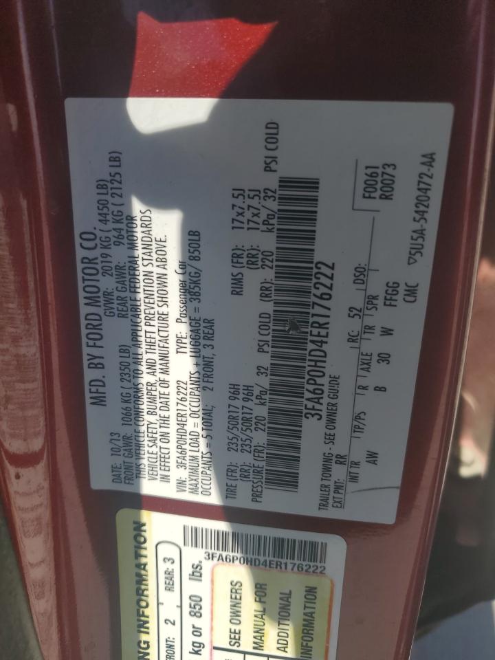 2014 Ford Fusion Se VIN: 3FA6P0HD4ER176222 Lot: 62328944