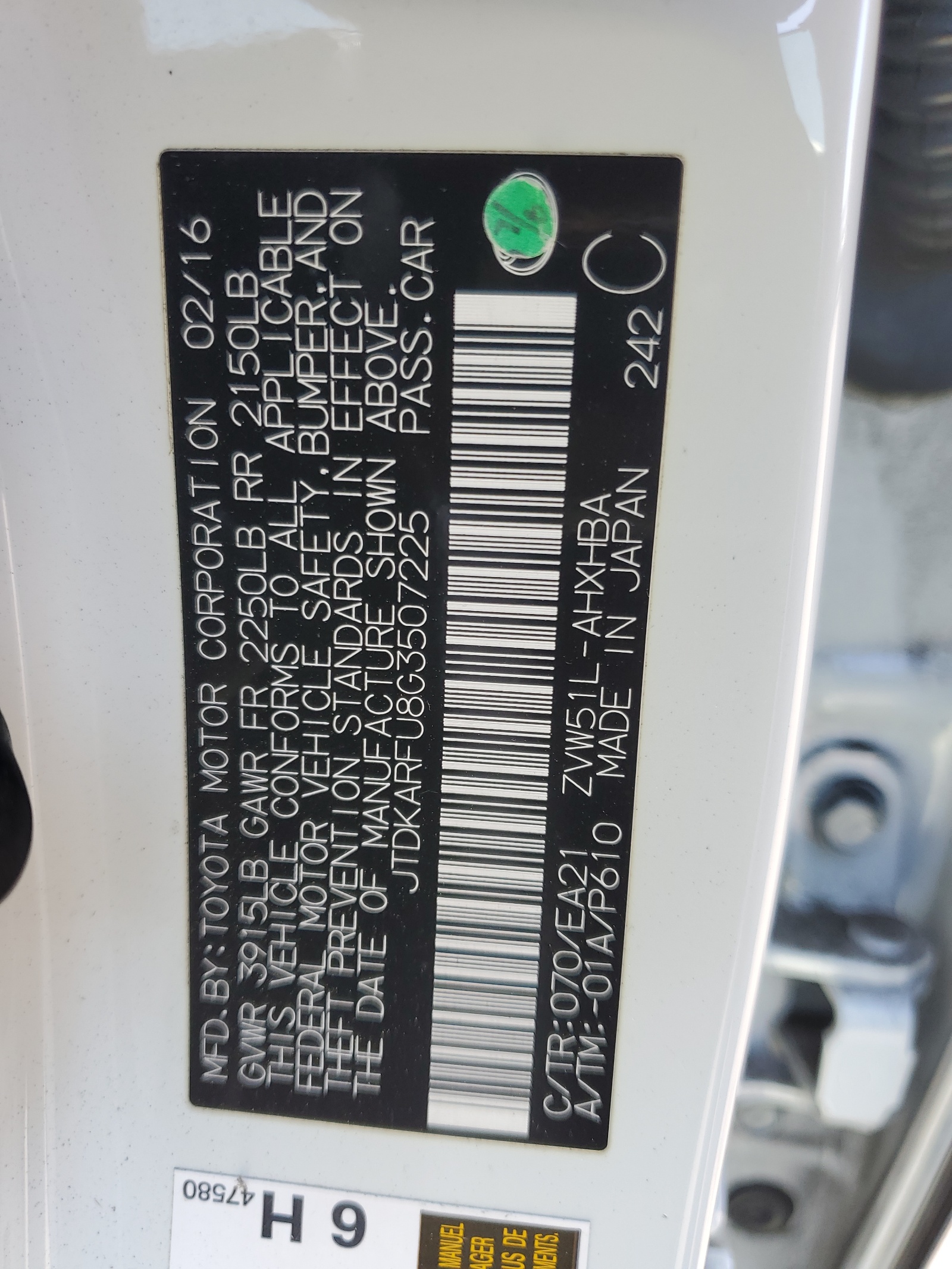 JTDKARFU8G3507225 2016 Toyota Prius