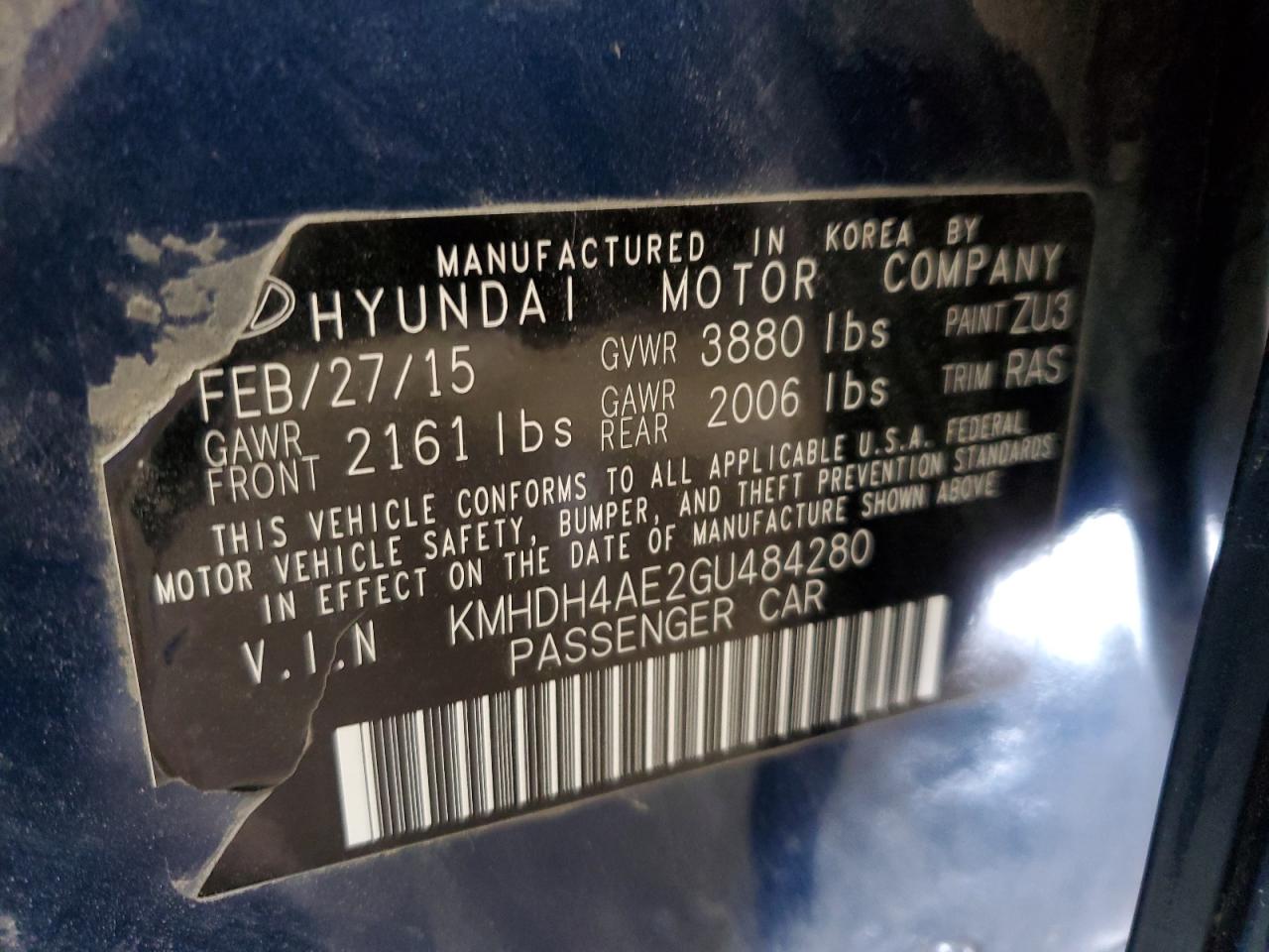 2016 Hyundai Elantra Se VIN: KMHDH4AE2GU484280 Lot: 64874654