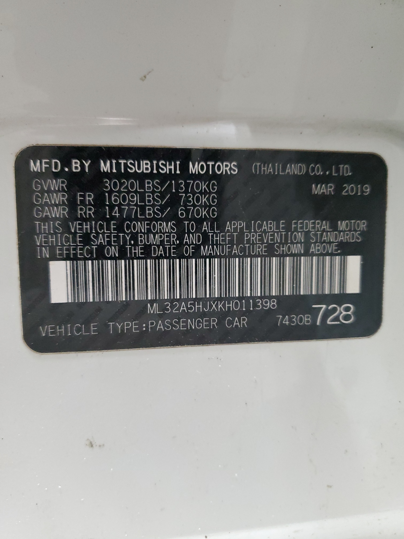 ML32A5HJXKH011398 2019 Mitsubishi Mirage Le