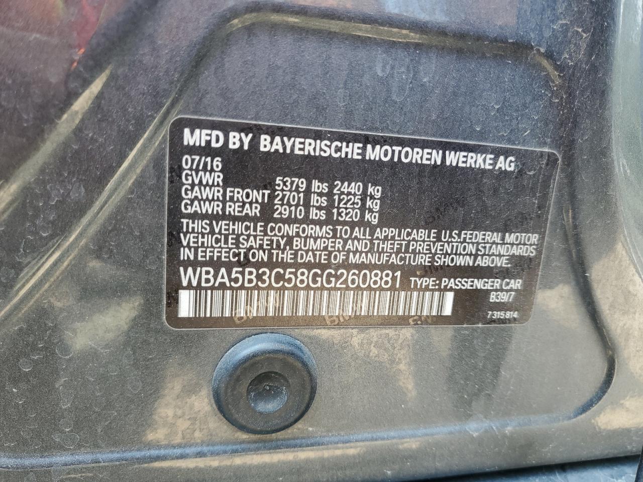 2016 BMW 535 Xi VIN: WBA5B3C58GG260881 Lot: 63630654