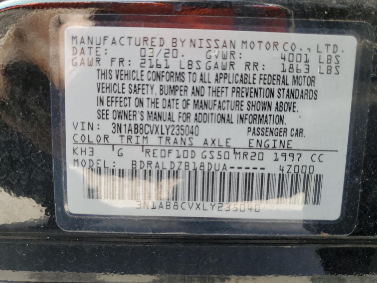 3N1AB8CVXLY235040 2020 Nissan Sentra Sv