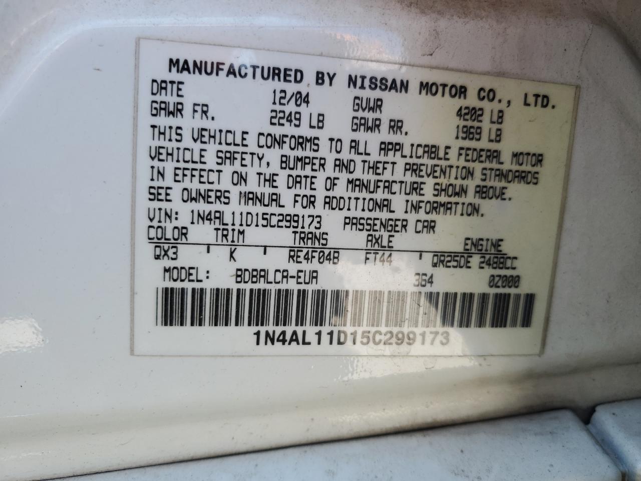 2005 Nissan Altima S VIN: 1N4AL11D15C299173 Lot: 63717174