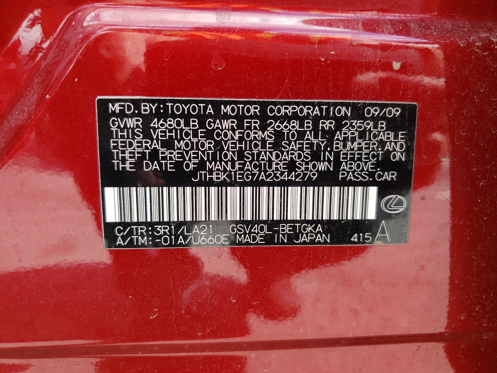 JTHBK1EG7A2344279 2010 Lexus Es 350