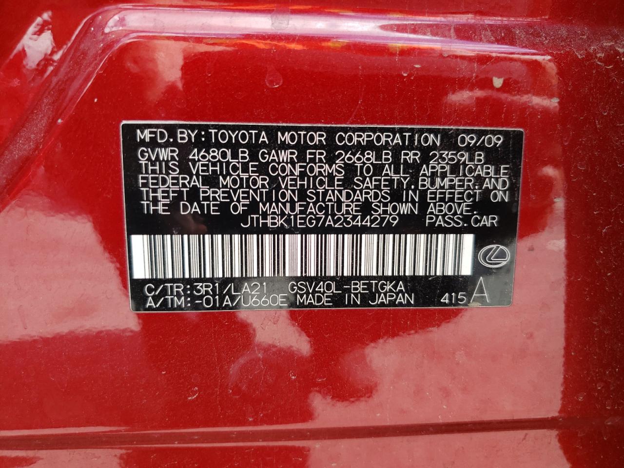 2010 Lexus Es 350 VIN: JTHBK1EG7A2344279 Lot: 63810724