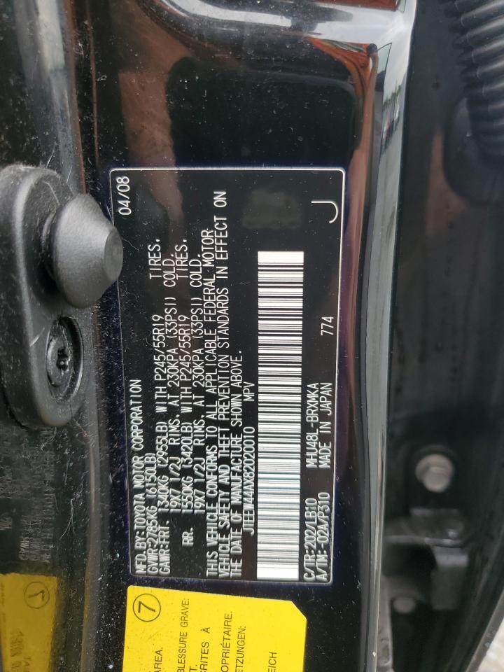 2008 Toyota Highlander Hybrid Limited VIN: JTEEW44AX82020010 Lot: 63789224