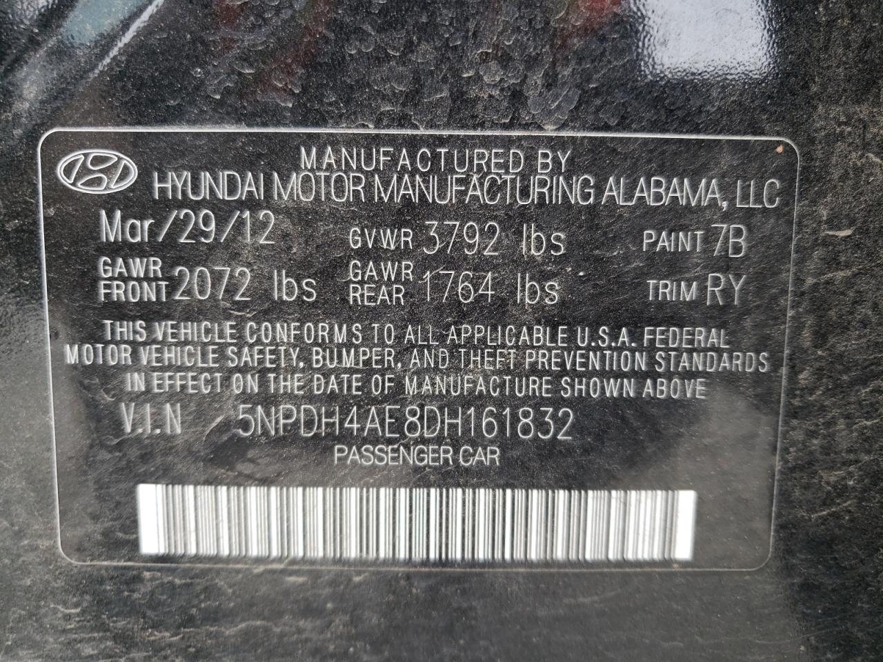 2013 Hyundai Elantra Gls VIN: 5NPDH4AE8DH161832 Lot: 63443654