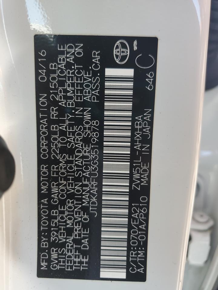 2016 Toyota Prius VIN: JTDKARFU3G3519878 Lot: 63065314